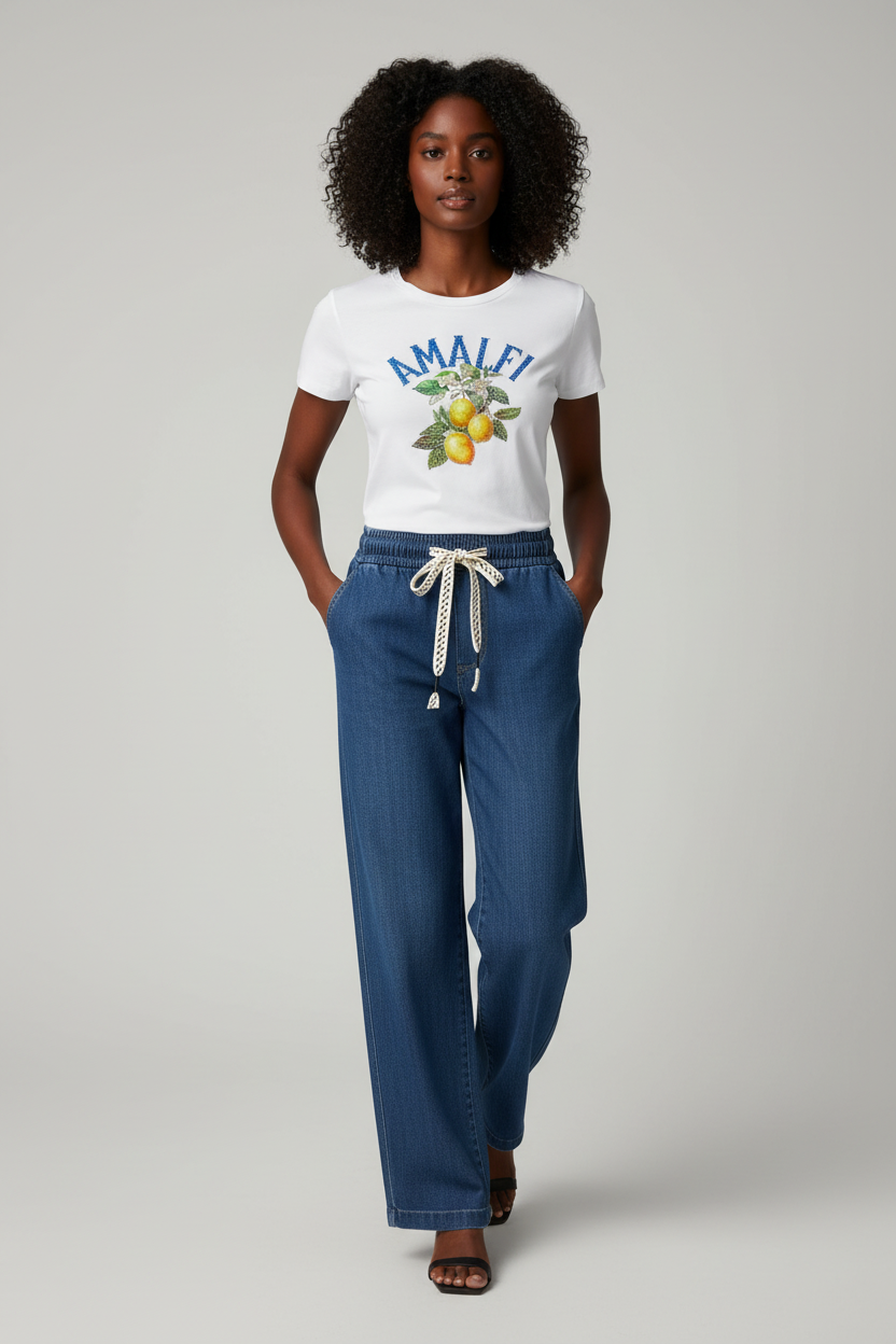 AI Generated Model Shot - Fitted Amalfi Tee and Amber Jeans with Heart-Patterned Drawstrings